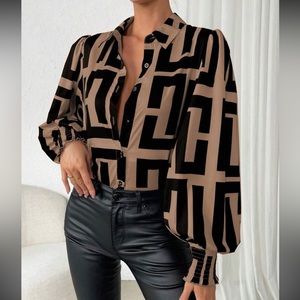 Classic Abstract Geo Print Smocked Cuff Sleeve Button Down Shirt Top Blouse